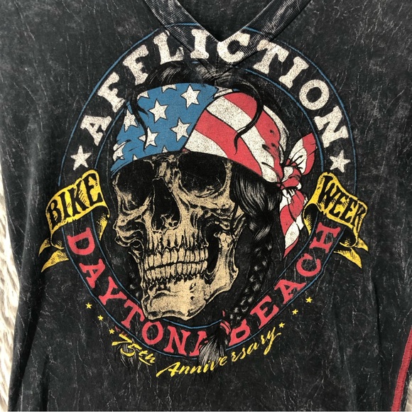 Affliction Tshirt Womens Small Vneck Skull Bike Week Dayton Beach Wings - Picture 2 of 9